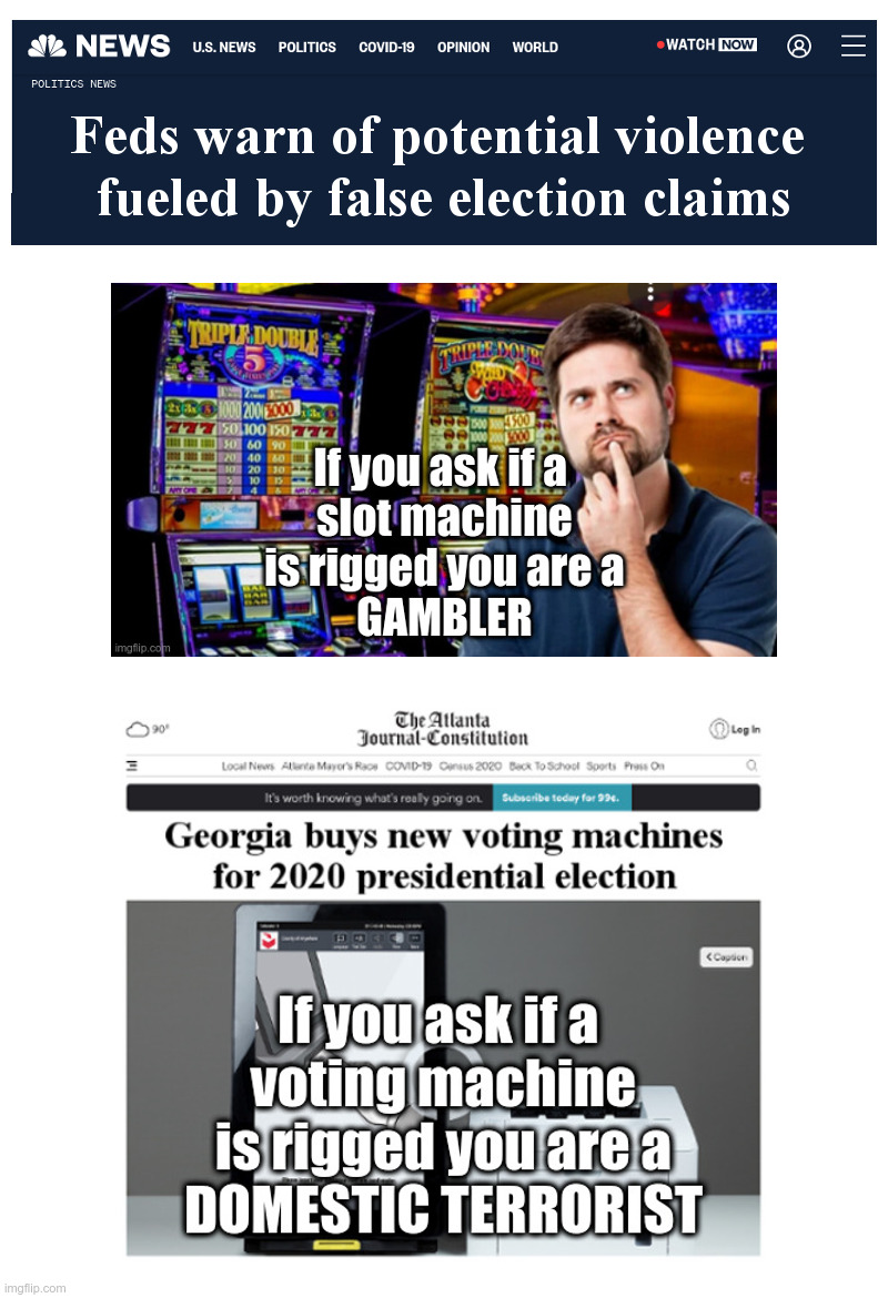 Feds warn of potential violence fueled by false election claims | image tagged in nbc news,election 2020,the gambler,voter fraud,dominion voting systems | made w/ Imgflip meme maker