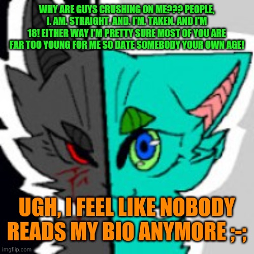 People, I am STRAIGHT!! and I'm 18! Stop flirting with me!!!! REEEEEEEEEEEEEEEEEEEEEEEEEEEEEEEEEEE | WHY ARE GUYS CRUSHING ON ME??? PEOPLE, I. AM. STRAIGHT. AND. I'M. TAKEN. AND I'M 18! EITHER WAY I'M PRETTY SURE MOST OF YOU ARE FAR TOO YOUNG FOR ME SO DATE SOMEBODY YOUR OWN AGE! UGH, I FEEL LIKE NOBODY READS MY BIO ANYMORE ;-; | image tagged in retrofurry announcement template,help me,drama,furry | made w/ Imgflip meme maker