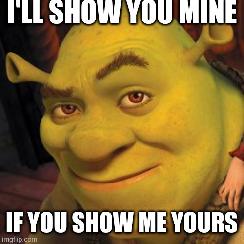 Shrek Sexy Face | I'LL SHOW YOU MINE; IF YOU SHOW ME YOURS | image tagged in shrek sexy face | made w/ Imgflip meme maker