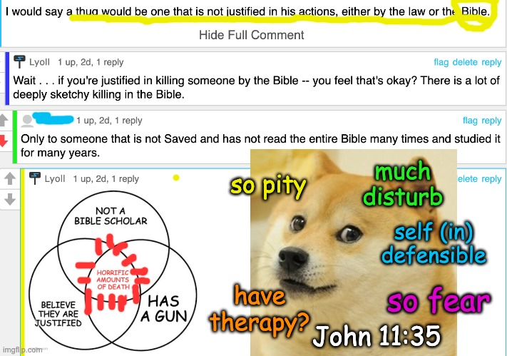 Wow, that got busy, but I've got a lot of feelings on the issue | so pity; much disturb; self (in) defensible; so fear; have therapy? John 11:35 | image tagged in guns,bible,christian,doge,issues,fear | made w/ Imgflip meme maker