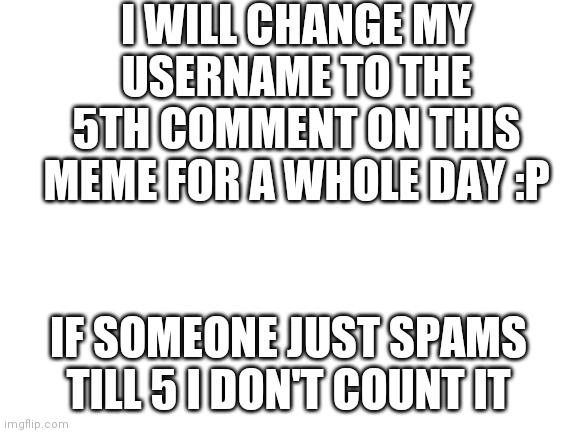 Oh boy- | I WILL CHANGE MY USERNAME TO THE 5TH COMMENT ON THIS MEME FOR A WHOLE DAY :P; IF SOMEONE JUST SPAMS TILL 5 I DON'T COUNT IT | image tagged in blank white template | made w/ Imgflip meme maker