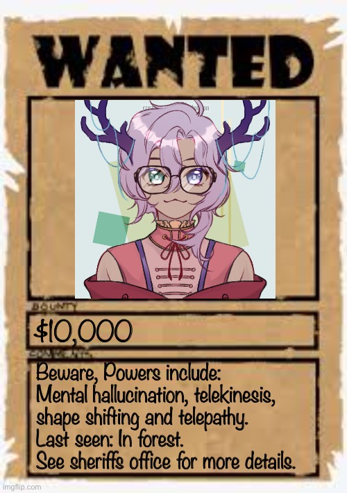 Somewhat op oc’s allowed. You can ask the sheriff why she’s wanted. She/Her Pronouns. |  $10,000; Beware, Powers include:
Mental hallucination, telekinesis, shape shifting and telepathy. 
Last seen: In forest.
See sheriffs office for more details. | image tagged in wanted poster deluxe | made w/ Imgflip meme maker
