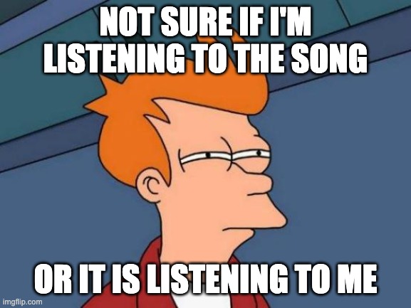 Futurama Fry Meme | NOT SURE IF I'M LISTENING TO THE SONG OR IT IS LISTENING TO ME | image tagged in memes,futurama fry | made w/ Imgflip meme maker