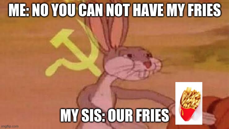 Soviet Bugs Bunny | ME: NO YOU CAN NOT HAVE MY FRIES; MY SIS: OUR FRIES | image tagged in soviet bugs bunny | made w/ Imgflip meme maker