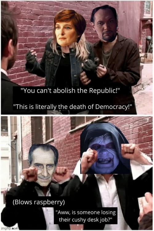 Aww did we get rid of your corrupt, incompetent government that never actually does anything to solve issues facing the galaxy | image tagged in star wars,republic,democracy,the empire strikes back | made w/ Imgflip meme maker