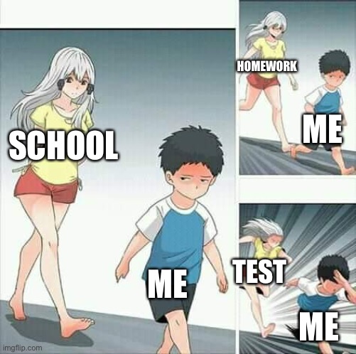 Anime boy running | HOMEWORK; ME; SCHOOL; ME; TEST; ME | image tagged in anime boy running | made w/ Imgflip meme maker
