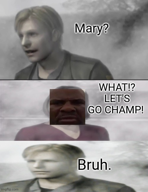 Wrong Mary, James. | Mary? WHAT!? LET'S GO CHAMP! Bruh. | image tagged in bruh moment,memes | made w/ Imgflip meme maker