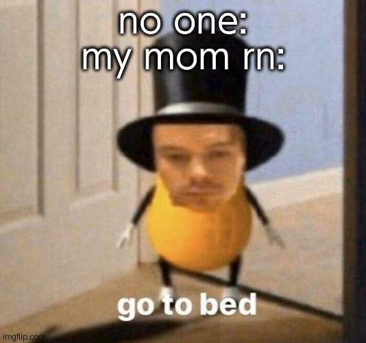 go to bed | no one:
my mom rn: | image tagged in go to bed | made w/ Imgflip meme maker