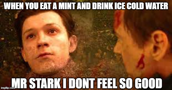 oh no NOT THE MINT WATER | WHEN YOU EAT A MINT AND DRINK ICE COLD WATER; MR STARK I DONT FEEL SO GOOD | image tagged in mint water,mr stark i dont feel so good | made w/ Imgflip meme maker