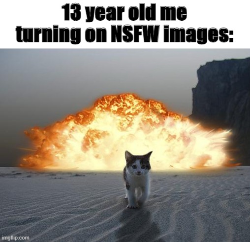cat explosion | 13 year old me turning on NSFW images: | image tagged in cat explosion | made w/ Imgflip meme maker