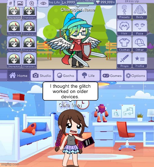I got the Charactery glitch AGAIN! (I have a New phone and sorry if it's the New update) | image tagged in gacha life,glitch,charactery,gacha club,character name | made w/ Imgflip meme maker
