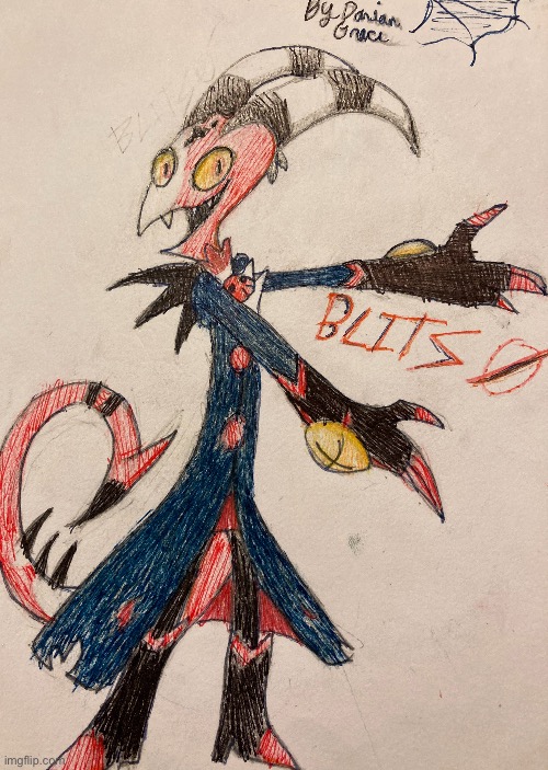 Blitzø but I added colored pen and the lighting is better TwT | image tagged in drawing,helluva boss,blitz | made w/ Imgflip meme maker