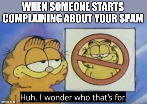 Wondering | WHEN SOMEONE STARTS COMPLAINING ABOUT YOUR SPAM | image tagged in garfield wonders | made w/ Imgflip meme maker