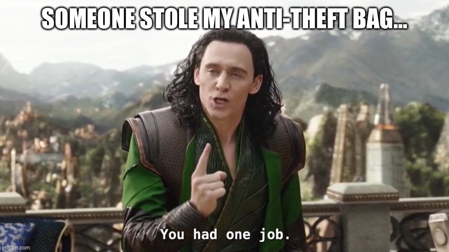 You had one job. Just the one | SOMEONE STOLE MY ANTI-THEFT BAG… | image tagged in you had one job just the one | made w/ Imgflip meme maker