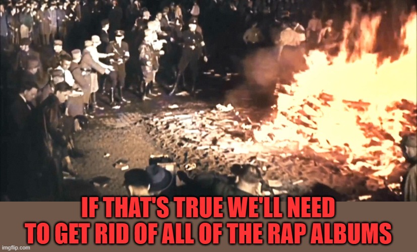 Book burning | IF THAT'S TRUE WE'LL NEED TO GET RID OF ALL OF THE RAP ALBUMS | image tagged in book burning | made w/ Imgflip meme maker