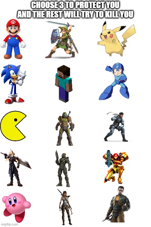 Sonic, Steve, Kirby | CHOOSE 3 TO PROTECT YOU AND THE REST WILL TRY TO KILL YOU | image tagged in memes,blank transparent square | made w/ Imgflip meme maker