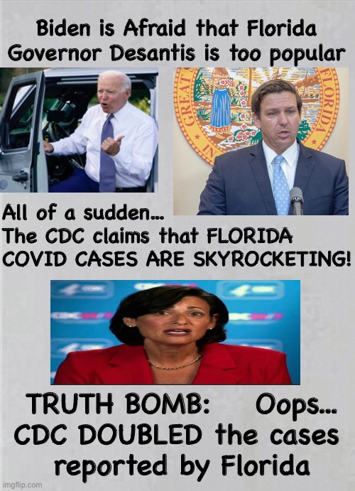 CDC PURPOSELY LIES About Florida Covid Numbers | Biden is Afraid that Florida Governor Desantis is too popular; All of a sudden...
The CDC claims that FLORIDA COVID CASES ARE SKYROCKETING! TRUTH BOMB:    Oops...
CDC DOUBLED the cases 
reported by Florida | image tagged in dems must cheat lie scam,biden hates america,dems are marxists,who believes these habitual liars,power money control | made w/ Imgflip meme maker