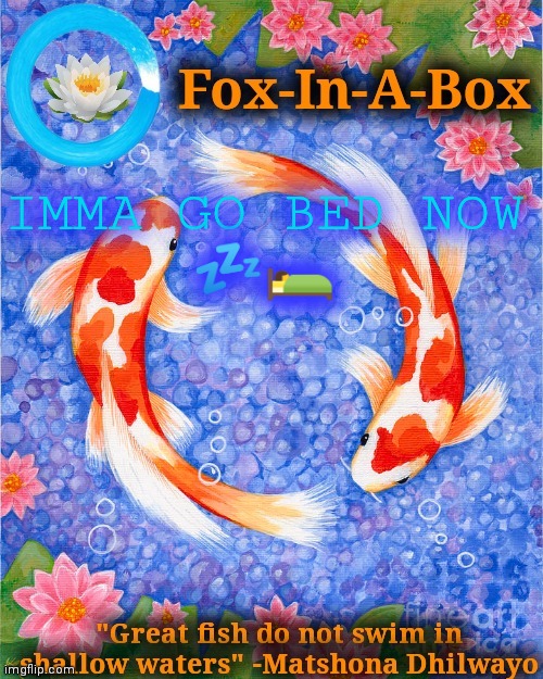IMMA GO BED NOW
💤🛌 | image tagged in fox-in-a-box fish temp | made w/ Imgflip meme maker