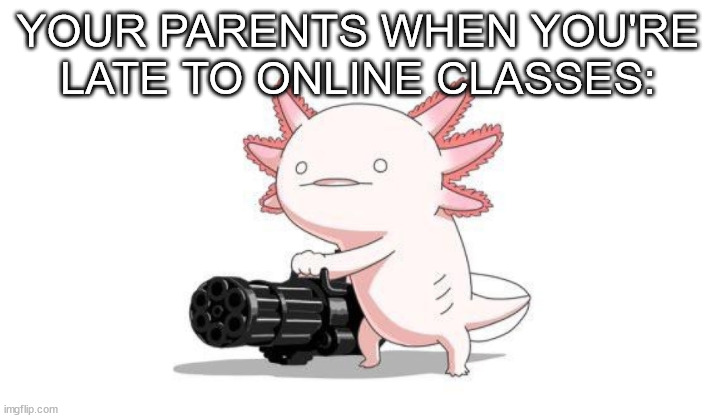 your parents in a nutshell | YOUR PARENTS WHEN YOU'RE LATE TO ONLINE CLASSES: | image tagged in axolotl gun,in a nutshell,school memes,oh wow are you actually reading these tags | made w/ Imgflip meme maker
