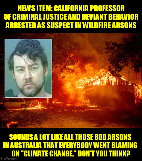 This isn't irony.  He knew what he was doing.  If burning at the stake were still legal, arsonists would be the prime nominees. | NEWS ITEM: CALIFORNIA PROFESSOR
 OF CRIMINAL JUSTICE AND DEVIANT BEHAVIOR 
ARRESTED AS SUSPECT IN WILDFIRE ARSONS; SOUNDS A LOT LIKE ALL THOSE 600 ARSONS 
IN AUSTRALIA THAT EVERYBODY WENT BLAMING 
ON "CLIMATE CHANGE," DON'T YOU THINK? | image tagged in climate change,conspiracy,fraud,liberals,democrats,scam | made w/ Imgflip meme maker