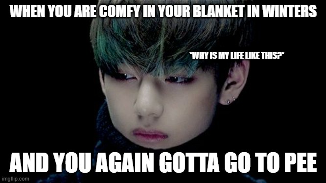 BTS MEMES | WHEN YOU ARE COMFY IN YOUR BLANKET IN WINTERS; *WHY IS MY LIFE LIKE THIS?*; AND YOU AGAIN GOTTA GO TO PEE | image tagged in bts | made w/ Imgflip meme maker