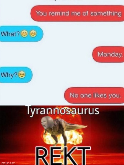 No one likes Monday, or you. | image tagged in tyrannosaurus rekt,mondays,funny texts,destruction 100,why are you reading these tags,oof size large | made w/ Imgflip meme maker