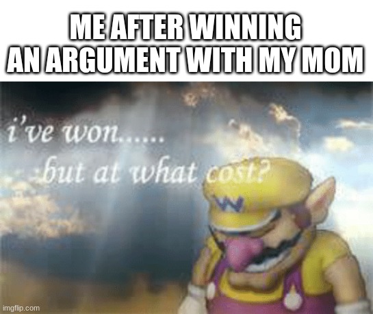 its never a good idea! | ME AFTER WINNING AN ARGUMENT WITH MY MOM | image tagged in i've won but at what cost,funny,fun,mother,barney will eat all of your delectable biscuits | made w/ Imgflip meme maker