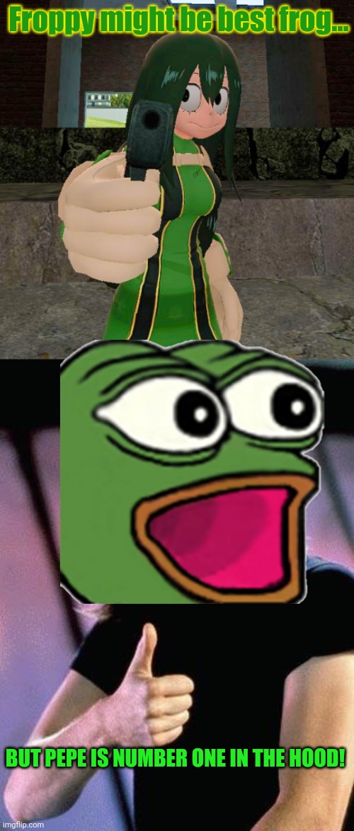 Froppy might be best frog... BUT PEPE IS NUMBER ONE IN THE HOOD! | image tagged in froppy with gun,wayne's world | made w/ Imgflip meme maker