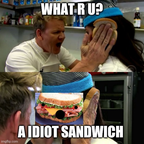 Gordon Ramsay Idiot Sandwich | WHAT R U? A IDIOT SANDWICH | image tagged in gordon ramsay idiot sandwich | made w/ Imgflip meme maker