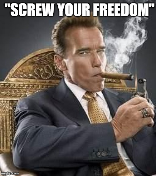 Arnie | "SCREW YOUR FREEDOM" | image tagged in arnie | made w/ Imgflip meme maker