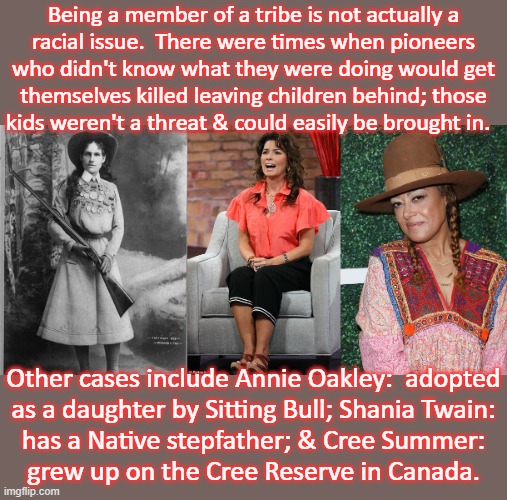 They are part of Native communities. | Being a member of a tribe is not actually a
racial issue.  There were times when pioneers
who didn't know what they were doing would get
themselves killed leaving children behind; those
kids weren't a threat & could easily be brought in. Other cases include Annie Oakley:  adopted
as a daughter by Sitting Bull; Shania Twain:
has a Native stepfather; & Cree Summer:
grew up on the Cree Reserve in Canada. | image tagged in annie oakley sharpshooter,shania twain,cree summer,native american,history | made w/ Imgflip meme maker