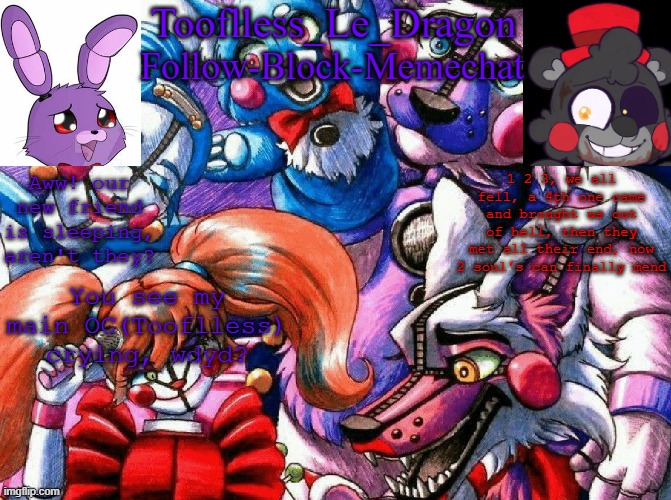 Tooflless's FNAF template | You see my main OC(Tooflless) crying, wdyd? | image tagged in tooflless's fnaf template | made w/ Imgflip meme maker