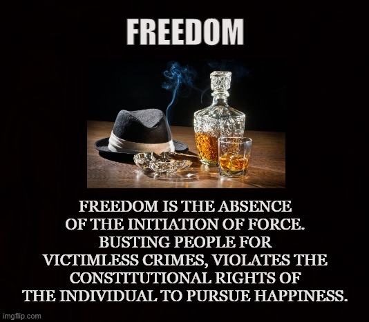 LIBERTY |  FREEDOM; FREEDOM IS THE ABSENCE OF THE INITIATION OF FORCE. BUSTING PEOPLE FOR VICTIMLESS CRIMES, VIOLATES THE CONSTITUTIONAL RIGHTS OF THE INDIVIDUAL TO PURSUE HAPPINESS. | image tagged in freedom,liberty,indulgence,us constitution,bill of rights,victimless crimes | made w/ Imgflip meme maker