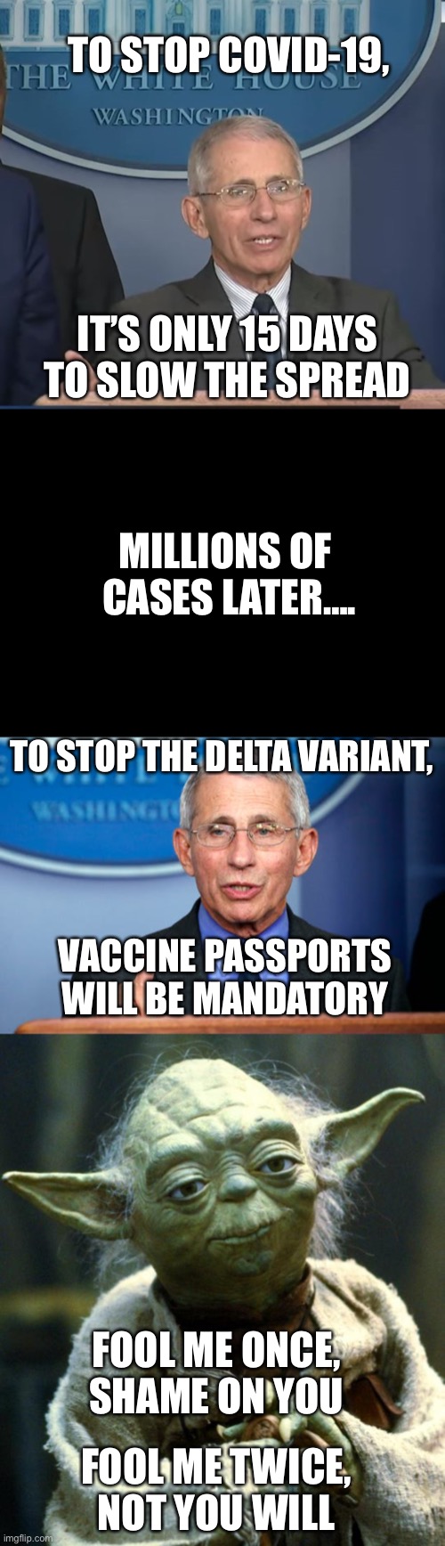 The Dr. who cried covid. | TO STOP COVID-19, IT’S ONLY 15 DAYS TO SLOW THE SPREAD; MILLIONS OF 
CASES LATER…. TO STOP THE DELTA VARIANT, VACCINE PASSPORTS WILL BE MANDATORY; FOOL ME ONCE, SHAME ON YOU; FOOL ME TWICE, NOT YOU WILL | image tagged in dr fauci,star wars yoda,cry wolf,fool me once,fool me twice | made w/ Imgflip meme maker