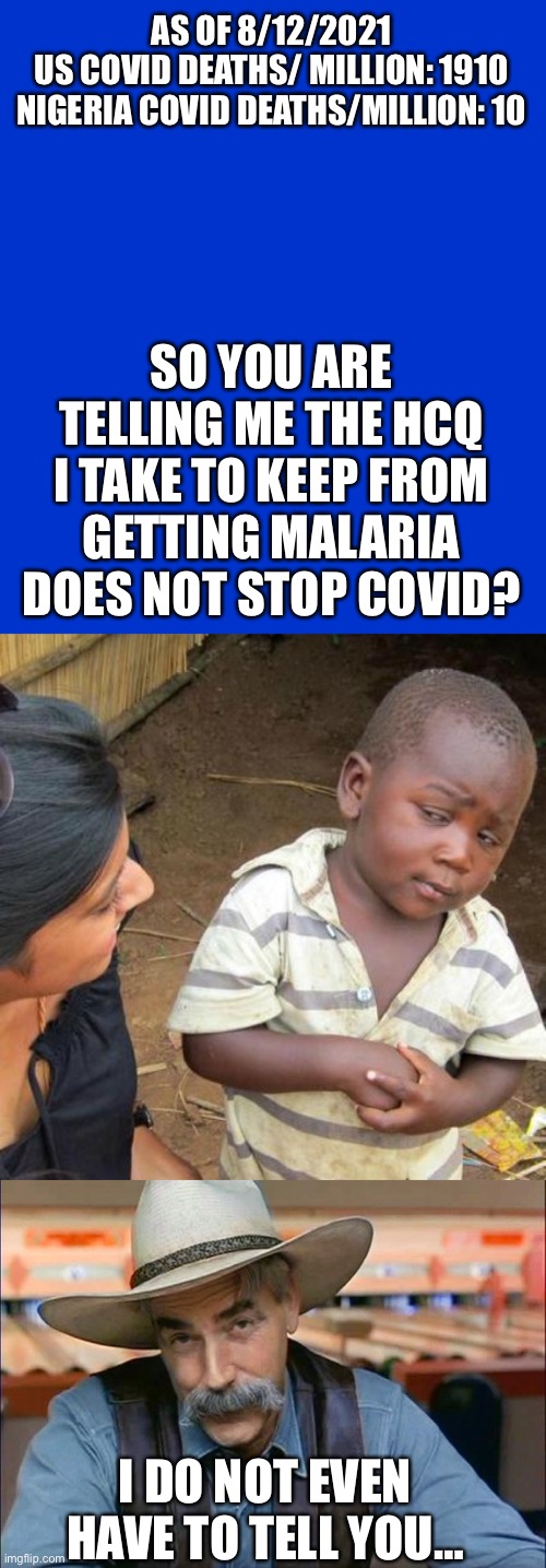 It is so obvious. | AS OF 8/12/2021

US COVID DEATHS/ MILLION: 1910
NIGERIA COVID DEATHS/MILLION: 10; SO YOU ARE TELLING ME THE HCQ I TAKE TO KEEP FROM GETTING MALARIA DOES NOT STOP COVID? I DO NOT EVEN HAVE TO TELL YOU… | image tagged in covid deaths,nigeria,malaria,hcq | made w/ Imgflip meme maker