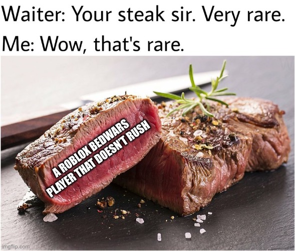 They are pretty rare. | A ROBLOX BEDWARS PLAYER THAT DOESN’T RUSH | image tagged in rare steak meme,roblox,bedwars,funny | made w/ Imgflip meme maker
