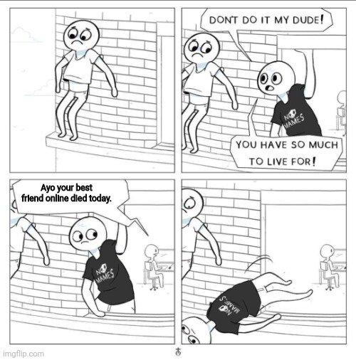 idk | Ayo your best friend online died today. | image tagged in don't do it my dude you have so much to live for x | made w/ Imgflip meme maker