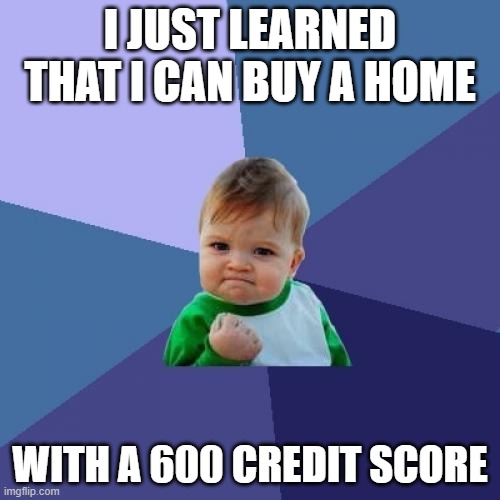 600 cred | I JUST LEARNED THAT I CAN BUY A HOME; WITH A 600 CREDIT SCORE | image tagged in memes,success kid | made w/ Imgflip meme maker