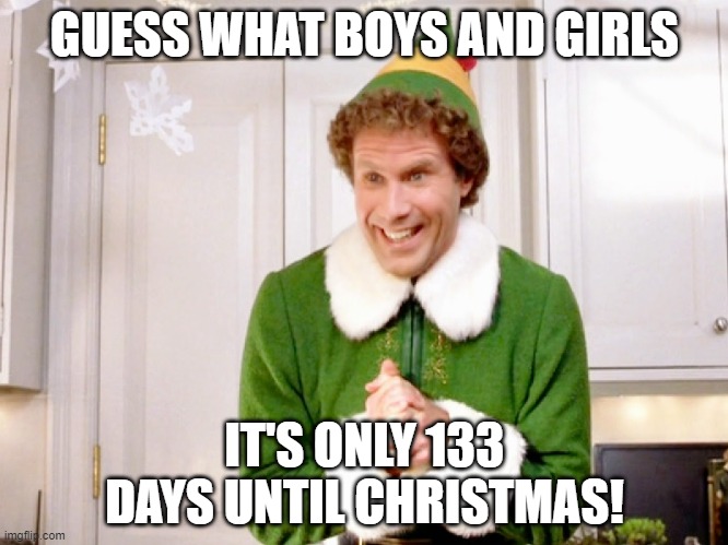 Buddy the Elf | GUESS WHAT BOYS AND GIRLS; IT'S ONLY 133 DAYS UNTIL CHRISTMAS! | image tagged in buddy the elf | made w/ Imgflip meme maker