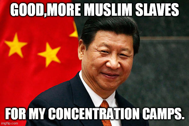 Xi Jinping | GOOD,MORE MUSLIM SLAVES FOR MY CONCENTRATION CAMPS. | image tagged in xi jinping | made w/ Imgflip meme maker