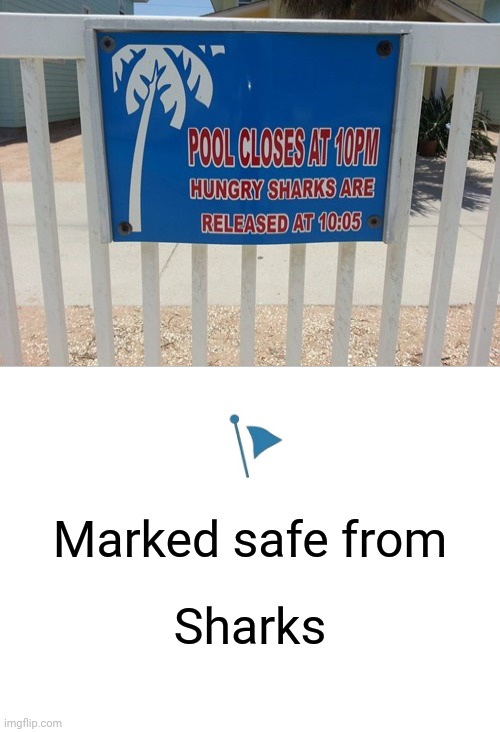 Pool closing and sharks being released | Marked safe from; Sharks | image tagged in marked safe,sharks,shark,funny,memes,swimming pool | made w/ Imgflip meme maker