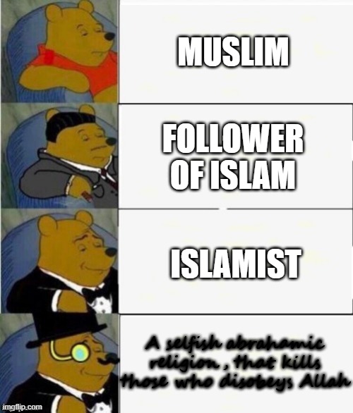 The definition of Islam | MUSLIM; FOLLOWER OF ISLAM; ISLAMIST; A selfish abrahamic religion, that kills those who disobeys Allah | image tagged in tuxedo winnie the pooh 4 panel,islam | made w/ Imgflip meme maker