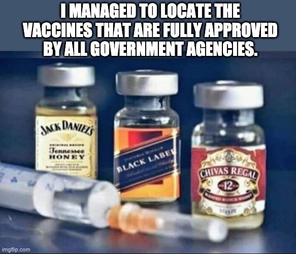 Cheers | I MANAGED TO LOCATE THE VACCINES THAT ARE FULLY APPROVED BY ALL GOVERNMENT AGENCIES. | image tagged in vaccine | made w/ Imgflip meme maker