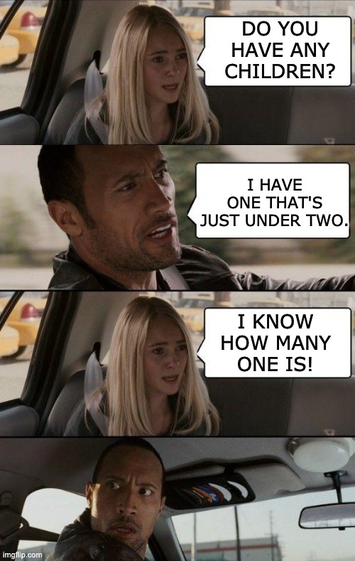 One | DO YOU HAVE ANY CHILDREN? I HAVE ONE THAT'S JUST UNDER TWO. I KNOW HOW MANY ONE IS! | image tagged in rock driving longer | made w/ Imgflip meme maker