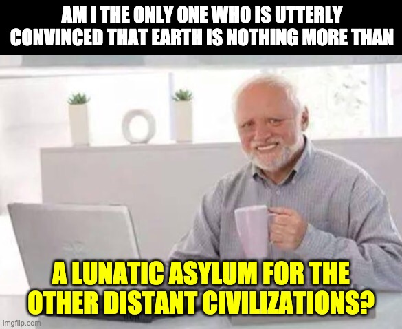 Asylum | AM I THE ONLY ONE WHO IS UTTERLY CONVINCED THAT EARTH IS NOTHING MORE THAN; A LUNATIC ASYLUM FOR THE OTHER DISTANT CIVILIZATIONS? | image tagged in harold | made w/ Imgflip meme maker