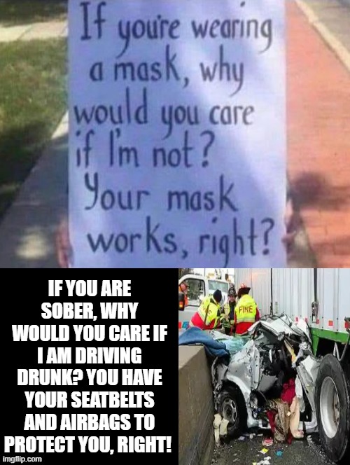 Why would you care if I am driving drunk? You have your seatbelts and airbags to protect you! | IF YOU ARE SOBER, WHY WOULD YOU CARE IF I AM DRIVING DRUNK? YOU HAVE YOUR SEATBELTS AND AIRBAGS TO PROTECT YOU, RIGHT! | image tagged in morons,idiots | made w/ Imgflip meme maker