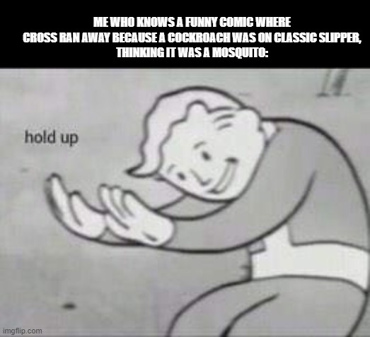 Fallout Hold Up | ME WHO KNOWS A FUNNY COMIC WHERE CROSS RAN AWAY BECAUSE A COCKROACH WAS ON CLASSIC SLIPPER,
THINKING IT WAS A MOSQUITO: | image tagged in fallout hold up | made w/ Imgflip meme maker