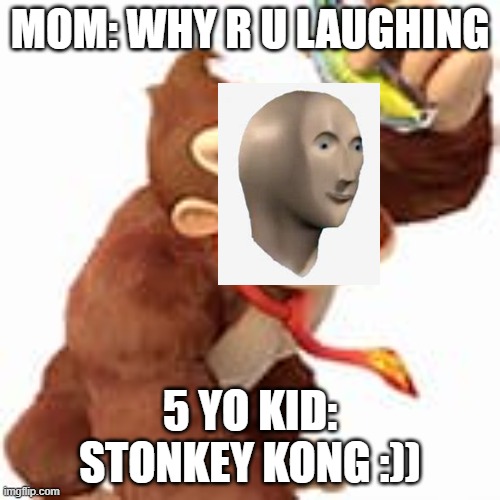 stonkey kong | MOM: WHY R U LAUGHING; 5 YO KID: STONKEY KONG :)) | image tagged in memes | made w/ Imgflip meme maker