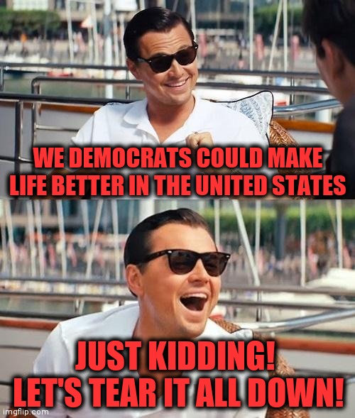 Now that we're in power... | WE DEMOCRATS COULD MAKE LIFE BETTER IN THE UNITED STATES; JUST KIDDING!  LET'S TEAR IT ALL DOWN! | image tagged in memes,leonardo dicaprio wolf of wall street,democrats,life in the united states,tear it all down | made w/ Imgflip meme maker