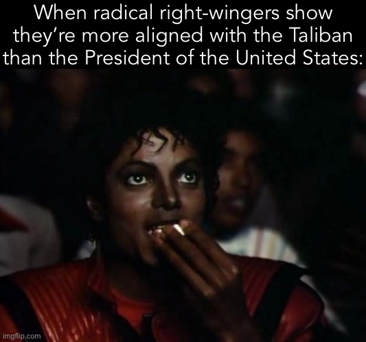 Interesting stuff, man. Interesting stuff | When radical right-wingers show they’re more aligned with the Taliban than the President of the United States: | image tagged in memes,michael jackson popcorn | made w/ Imgflip meme maker
